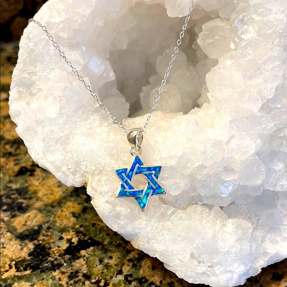 Created Opal Blue Star Of David Pendant. Stamped 925. Retail 128.00 - Picture 2 of 8